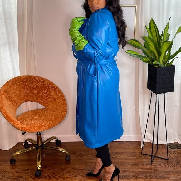 Vegan Leather Blue Trench coat - Picture 2 of 3